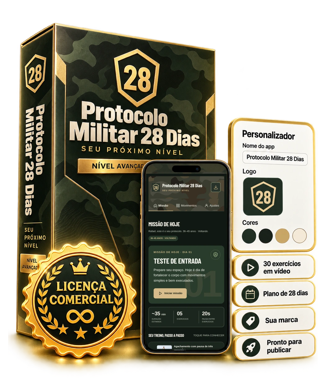 Caixa do produto Protocolo Militar 28 Dias com o aplicativo no celular