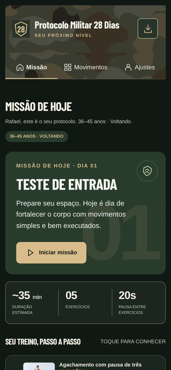 Tela do Protocolo Militar 28 Dias